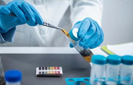 Scientist testing an agrochemical sample with pH strips