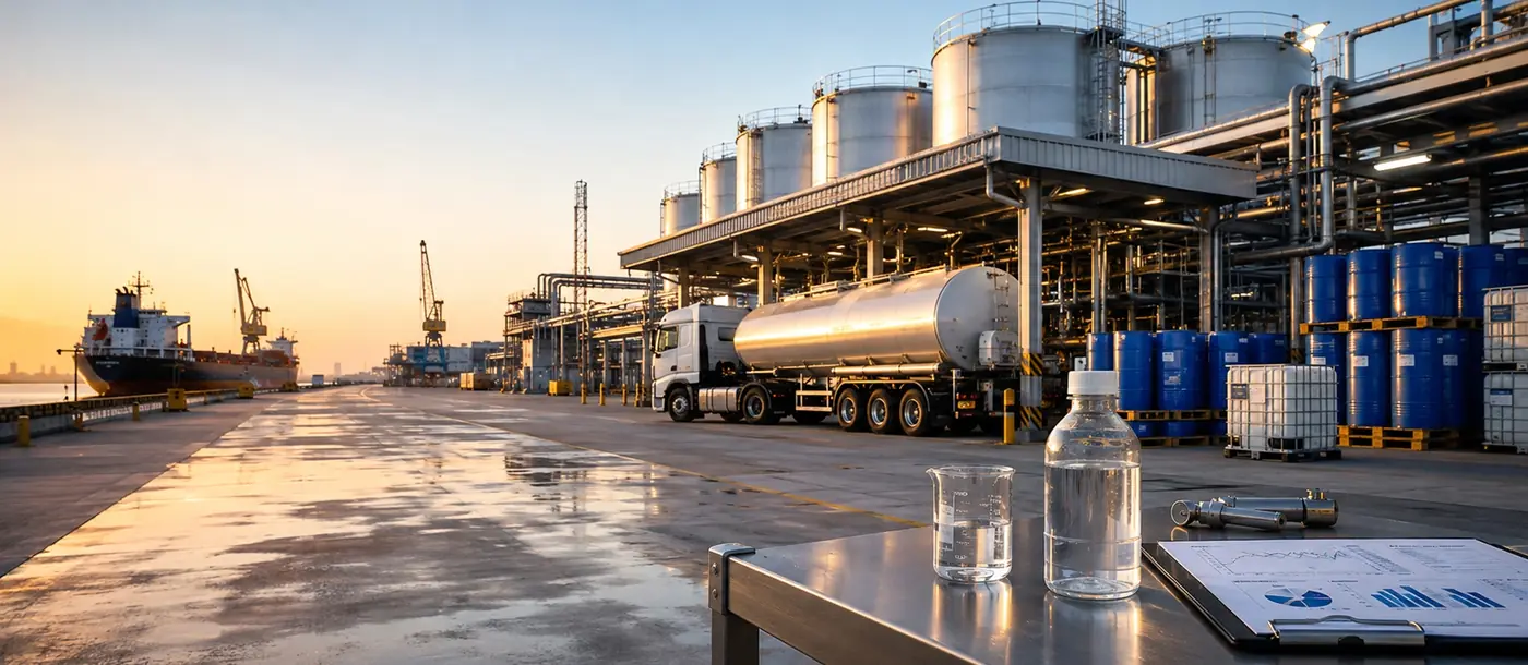 Glycol tanker truck and storage tanks at a port terminal