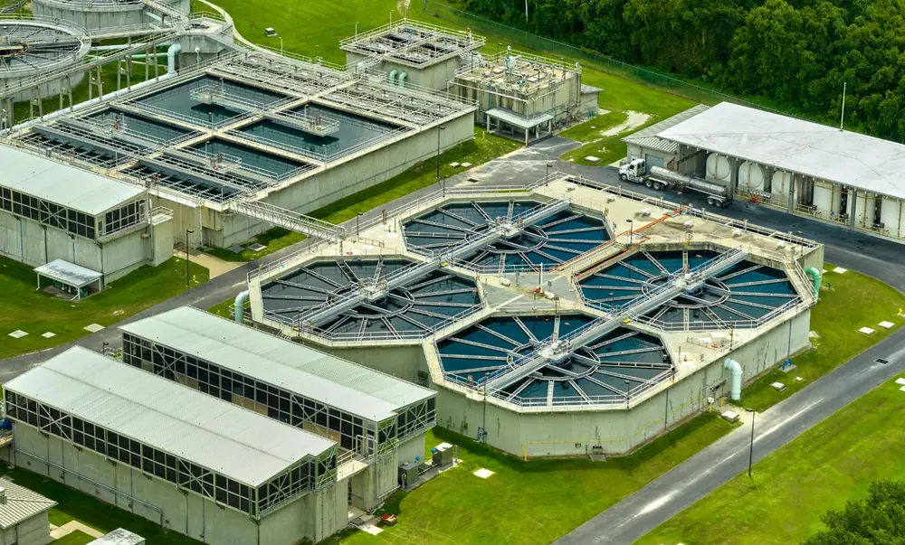 Aerial view of a municipal water treatment facility
