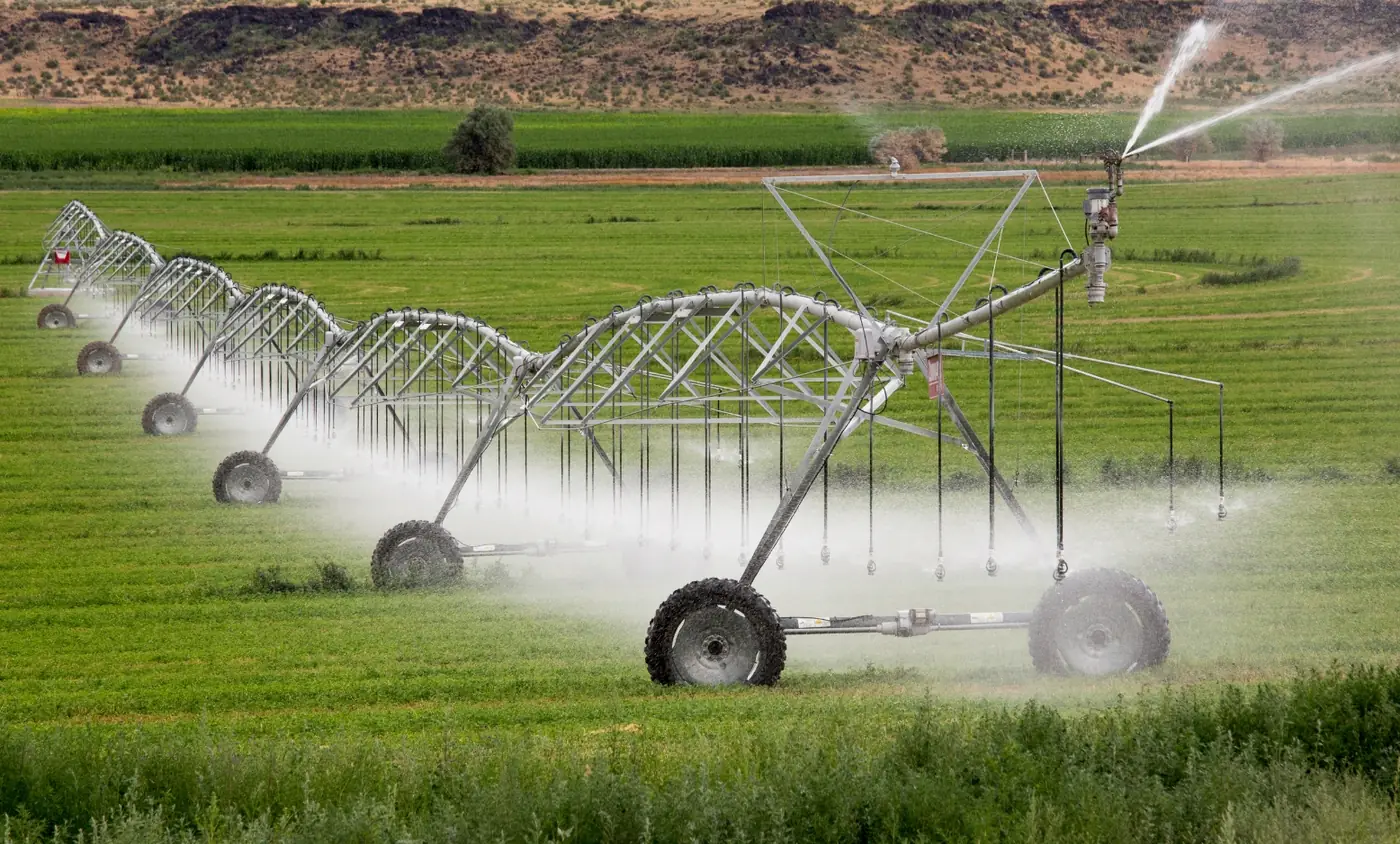 Pivot irrigation system watering a green crop field