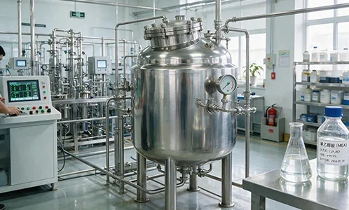 Stainless steel reactor and lab flasks in a chemical plant producing monoethanolamine