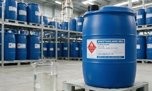 Blue drum of monoethanolamine (MEA) in a chemical warehouse
