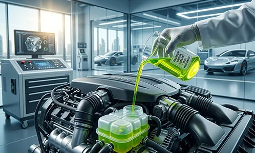 Green MEG-based coolant being poured into a car engine