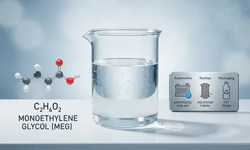 Beaker of monoethylene glycol (MEG) with its chemical formula and uses