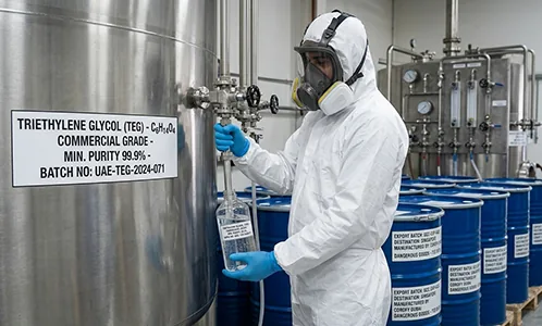 Technician in protective suit sampling triethylene glycol (TEG) from a storage tank