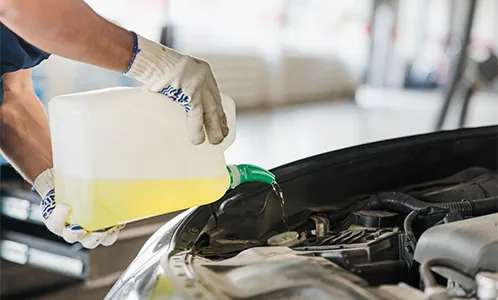 Mechanic filling a vehicle with automotive fluid